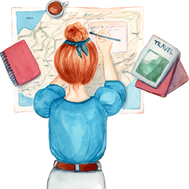 Watercolor girl with map , travel planner